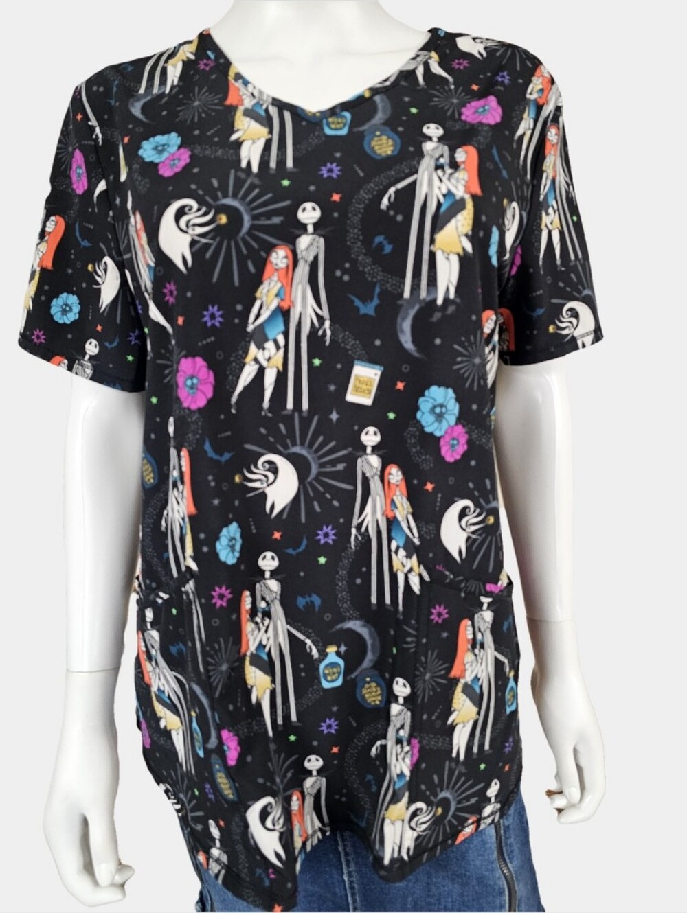 Disney Nightmare Before Christmas V-Neck Short Sleeve Scrub Top Size M